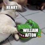 Betrayal of William and Henry in FNAF BUT IT'S CAT BITTEN BY alligator! | HENRY; WILLIAM AFTON | image tagged in cat bitten by alligator,fnaf,henry emily,william afton,purple guy,memes | made w/ Imgflip meme maker