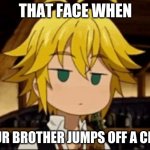 Totally relatable. | THAT FACE WHEN; YOUR BROTHER JUMPS OFF A CLIFF. | image tagged in meliodas cringe | made w/ Imgflip meme maker
