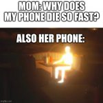 Glowing Man Sitting on Bench | MOM: WHY DOES MY PHONE DIE SO FAST? ALSO HER PHONE: | image tagged in glowing man sitting on bench | made w/ Imgflip meme maker