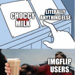 C H O C C | LITERALLY ANYTHING ELSE; CHOCCY MILK; IMGFLIP USERS | image tagged in hehe red button | made w/ Imgflip meme maker