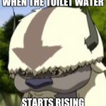 this is not good | WHEN THE TOILET WATER; STARTS RISING | image tagged in appa standing up | made w/ Imgflip meme maker