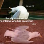AM I RIGHT OR AM I RIGHT | literally everyone in the internet who has an opinion | image tagged in inhales dies bird | made w/ Imgflip meme maker