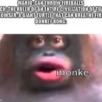 Monke Kong | MARIO: CAN THROW FIREBALLS
PEACH: THE RULER OF AN ENTIRE CIVILIZATION OF TOADS
BOWSER: A GIANT TURTLE THAT CAN BREATHE FIRE
DONKEY KONG:; monke | image tagged in memes,mario,monke,donkey kong | made w/ Imgflip meme maker