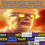 there are no words on god's green earth | Homosexuals when then get a job building a house | image tagged in there are no words on god's green earth,memes,homosexual,homosexuality,gay | made w/ Imgflip meme maker