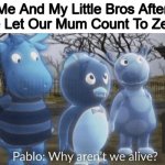 R.I.P Me And My Little Bros | Me And My Little Bros After We Let Our Mum Count To Zero: | image tagged in pablo why aren't we alive,memes,mum,gifs,funny memes,dead | made w/ Imgflip meme maker