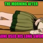 RWBY Penny | THE MORNING AFTER; JAUNE USED HIS LONG SWORD | image tagged in rwby penny | made w/ Imgflip meme maker