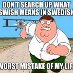 DONT DO IT | DON'T SEARCH UP WHAT SWISH MEANS IN SWEDISH; WORST MISTAKE OF MY LIFE | image tagged in family guy peter running,unfunny,among us | made w/ Imgflip meme maker