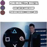 just stop scrolling for a while and look at this meme =) | POKEMON LEGEND ARKOOS; POKEMON TYPE DIGITAL; GOH CATCH GARCHOMP; POKEMON MEMES X CHOCCY MILK | image tagged in guy presses playstation button | made w/ Imgflip meme maker