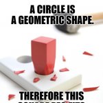 equivocation fallacy | A SQUARE IS A GEOMETRIC SHAPE. A CIRCLE IS A GEOMETRIC SHAPE. THEREFORE THIS SQUARE PEG FITS IN THIS ROUND HOLE. | image tagged in square peg round hole,master debater | made w/ Imgflip meme maker