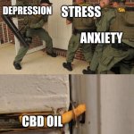 SWAT cheeto lock | STRESS; DEPRESSION; ANXIETY; CBD OIL | image tagged in swat cheeto lock | made w/ Imgflip meme maker