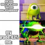 Mad mike vs normal mike | me:has 100% in a class *misses one assignment*; my grade:42% me: | image tagged in mad mike vs normal mike | made w/ Imgflip meme maker