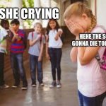 lol | LOL SHE CRYING; HEHE THE SCHOOL GONNA DIE TOMMOROW | image tagged in stop bullying,memes,quiet kid | made w/ Imgflip meme maker