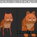 i sleep | WHEN YOU SLEEP AFTER BEING UP TOO LATE | image tagged in humanity restored,memes | made w/ Imgflip meme maker