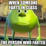 mike with sully | WHEN SOMEONE FARTS IN CLASS; THE PERSON WHO FARTED | image tagged in mike with sully's face | made w/ Imgflip meme maker
