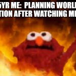 evil elmo | 5YR ME:  PLANNING WORLD DOMINATION AFTER WATCHING MEGAMIND | image tagged in evil elmo | made w/ Imgflip meme maker