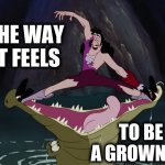 crochet and crocodile | THE WAY IT FEELS; TO BE A GROWN UP | image tagged in peter pan,time,tiktok sucks,old,funny meme,captain hook | made w/ Imgflip meme maker