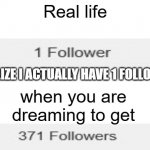 followers meme | Real life; REALIZE I ACTUALLY HAVE 1 FOLLOWER; when you are dreaming to get | image tagged in followers,funny memes | made w/ Imgflip meme maker