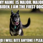 Major has minor issues. | MY NAME  IS MAJOR, MAJOR BIDEN, I AM THE FIRST DOG; AND I WILL BITE ANYONE I PLEASE | image tagged in biden dog-1,memes,fun,dogs | made w/ Imgflip meme maker