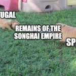 The tug of war dogs | PORTUGAL; REMAINS OF THE
SONGHAI EMPIRE; SPAIN | image tagged in the tug of war dogs | made w/ Imgflip meme maker
