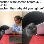 Silent Kid | Teacher: what comes before 47?
Me: 46.
Teacher: then why did you right ak? | image tagged in woman showing paper to cat,silent kid | made w/ Imgflip meme maker