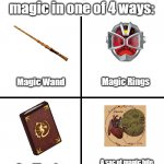 blank meme grid | You can perform magic in one of 4 ways:; Magic Wand; Magic Rings; A sac of magic bile attached to your heart. Spellbooks | image tagged in blank meme grid | made w/ Imgflip meme maker