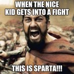 THIS IS SPARTA!!!! | WHEN THE NICE KID GETS INTO A FIGHT THIS IS SPARTA!!! | image tagged in this is sparta | made w/ Imgflip meme maker