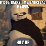 Confused Bork | MY DOG: BARKS     ME: BARKS BACK
MY DOG: HOL’ UP | image tagged in weird panda,hold up,confused dog | made w/ Imgflip meme maker