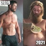 Thor can fat Thor | 2019; 2021 | image tagged in thor can fat thor | made w/ Imgflip meme maker