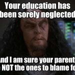 Martok | Your education has been sorely neglected; And I am sure your parents are NOT the ones to blame for it | image tagged in martok | made w/ Imgflip meme maker