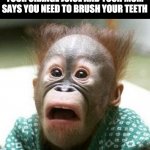 Why!!!!!!!!!!!!!! | WHEN YOUR JUST FINISHING YOUR ORANGE JUICE AND YOUR MOM SAYS YOU NEED TO BRUSH YOUR TEETH | image tagged in shocked monkey,mom,memes,oh no | made w/ Imgflip meme maker