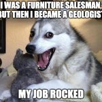 Job change | I WAS A FURNITURE SALESMAN, BUT THEN I BECAME A GEOLOGIST; MY JOB ROCKED | image tagged in pun dog punchline,geology,rocks | made w/ Imgflip meme maker