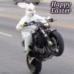 Time to break some eggs | Happy 
Easter | image tagged in funny bunny motorcycle wheelie,here it comes,wake up,easter bunny | made w/ Imgflip meme maker