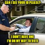 traffic stop | CAN I SEE YOUR ID PLEASE? I DON'T HAVE ONE I'M ON MY WAY TO VOTE | image tagged in traffic stop | made w/ Imgflip meme maker