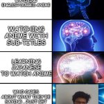 Lol | WATCHING ENGLISH DUBBED ANIME; WATCHING ANIME WITH SUB-TITLES; LEARNING JAPANESE TO WATCH ANIME; WHO CARES ABOUT WHAT THEY'RE SAYING , JUST GET TO THE ROMANCE PART | image tagged in expanding brain 4 panels | made w/ Imgflip meme maker
