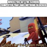 School computers | WHEN YOU GET THE SCHOOL COMPUTER THAT HAS NOTHING BLOCKED | image tagged in could i be the green ninja | made w/ Imgflip meme maker