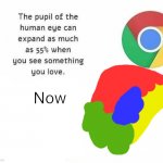 The Pupil Of The Human Eye Can Expand As Much As 55% When You | Now | image tagged in the pupil of the human eye can expand as much as 55 when you | made w/ Imgflip meme maker