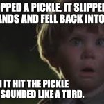 dumb kid | I DROPPED A PICKLE, IT SLIPPED OUT OF MY HANDS AND FELL BACK INTO THE JAR. WHEN IT HIT THE PICKLE WATER IT SOUNDED LIKE A TURD. | image tagged in dumb kid | made w/ Imgflip meme maker
