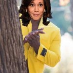 Kamala behind a tree