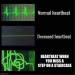 Heart beat meme template | HEARTBEAT WHEN YOU MISS A STEP ON A STAIRCASE | image tagged in heart beat meme template | made w/ Imgflip meme maker