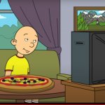 Caillou eating pizza and watching TV