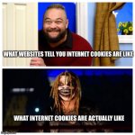 no cookies. do your research. they bad :) | WHAT WEBSITES TELL YOU INTERNET COOKIES ARE LIKE; WHAT INTERNET COOKIES ARE ACTUALLY LIKE | image tagged in bray good vs bad | made w/ Imgflip meme maker