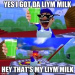 SMG4 holding up a duck | YES I GOT DA LIYM MILK; HEY THAT'S MY LIYM MILK | image tagged in smg4 holding up a duck | made w/ Imgflip meme maker