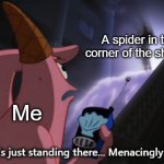He's just standing there... Menacingly! (JJBA) | A spider in the corner of the shower; Me | image tagged in he's just standing there menacingly jjba | made w/ Imgflip meme maker