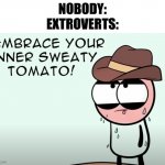 New meme by me - Extroverts be like.......... | NOBODY:
EXTROVERTS: | image tagged in embrace your inner sweaty tomato,fun | made w/ Imgflip meme maker