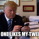 Trump Tweeting | NO ONE LIKES MY TWEETS | image tagged in trump tweeting | made w/ Imgflip meme maker