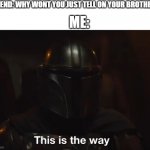 -_- | FRIEND: WHY WONT YOU JUST TELL ON YOUR BROTHER? ME: | image tagged in this is the way | made w/ Imgflip meme maker