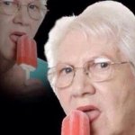 Old lady licking popsicle
