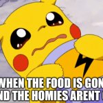 sad pikachu | WHEN THE FOOD IS GONE AND THE HOMIES ARENT ON | image tagged in sad pikachu | made w/ Imgflip meme maker