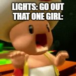 Toad Running | LIGHTS: GO OUT
THAT ONE GIRL: | image tagged in gifs,toad,that one girl,toad running,mario | made w/ Imgflip video-to-gif maker