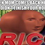 I know I'VE been there.... | WHEN MOM COMES BACK HOME AND YOU DIDN'T FINISH YOUR HOMEWORK | image tagged in meme man oh fricc | made w/ Imgflip meme maker